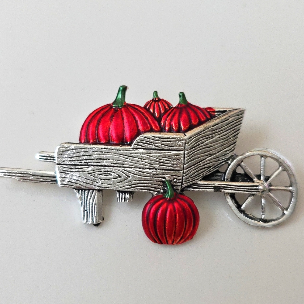 Pumpkin Wheelbarrow Brooch Pin Fall Harvest Brooch